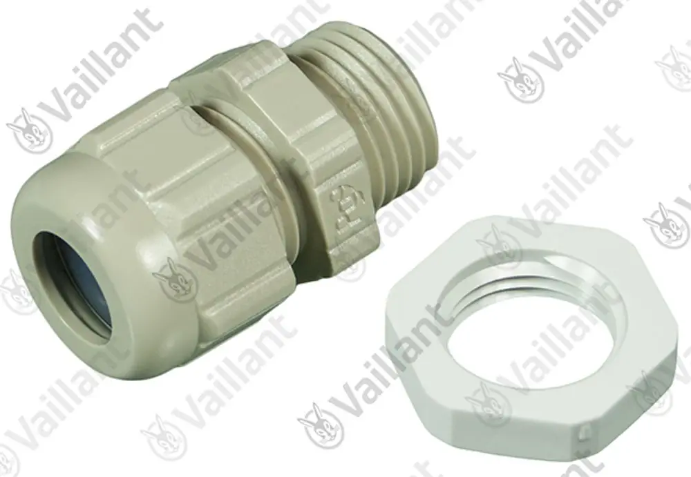 Vaillant Verschraubung in beiger Farbe, bestehend aus einem gewindetragenden Element und einer passenden Unterlegscheibe. Schnittstelle für Anschluss.